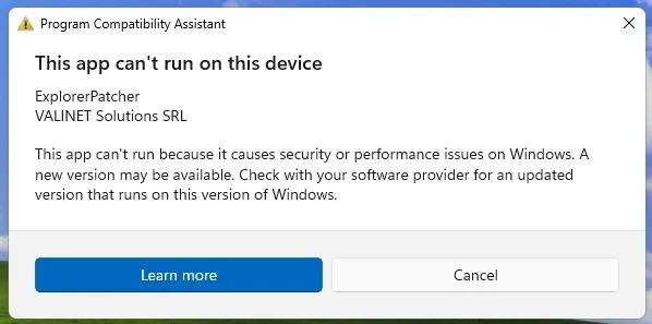Message d'installation de l'application Windows 11 bloquée