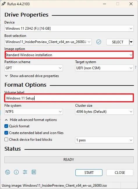 Paramètres USB amorçables de Rufus Windows 11