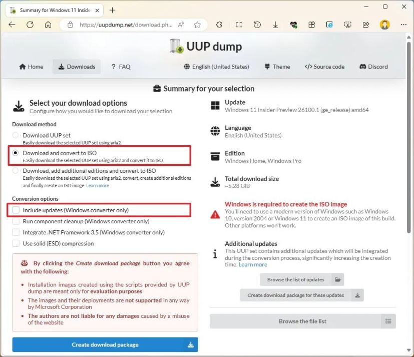 UUP Dump télécharger et convertir les outils ISO