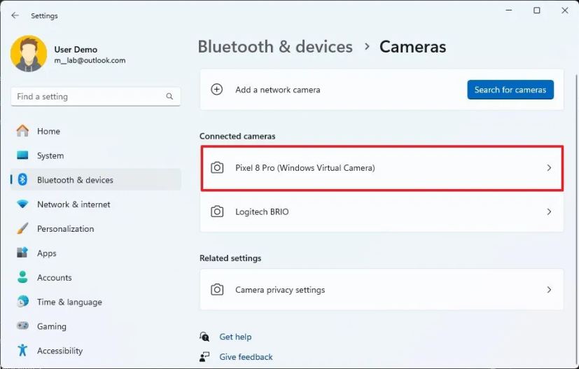 Paramètres des caméras Windows 11