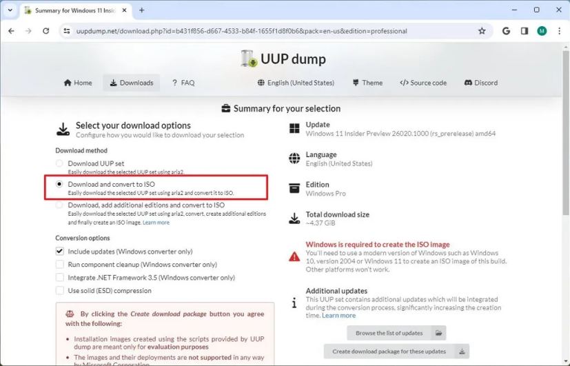 UUP Dump télécharger et convertir l'ISO