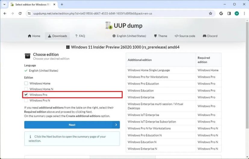UUP Dump éditions Windows 11