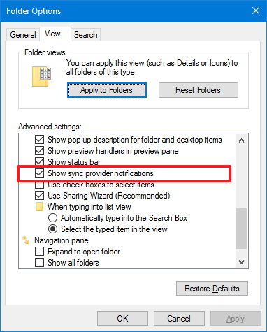 Afficher l'option de notifications du fournisseur de synchronisation sur Windows 10 Redstone 2