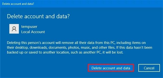 Windows 10 supprime les données du compte