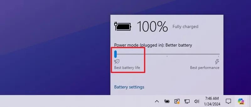 Paramètres de batterie de la barre des tâches Windows 10