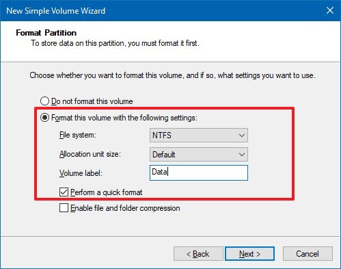 Nouveaux paramètres de format de partition sur Windows 10