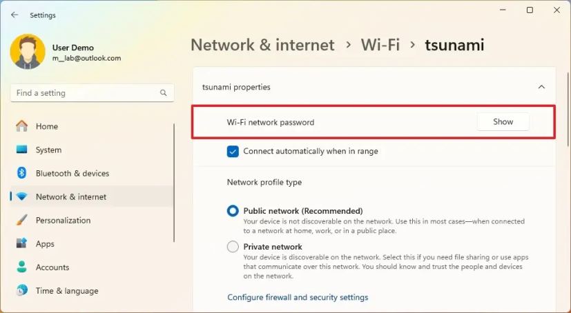 Afficher l'option de mot de passe Wi-Fi