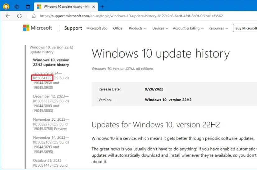 Page d'assistance Windows Update