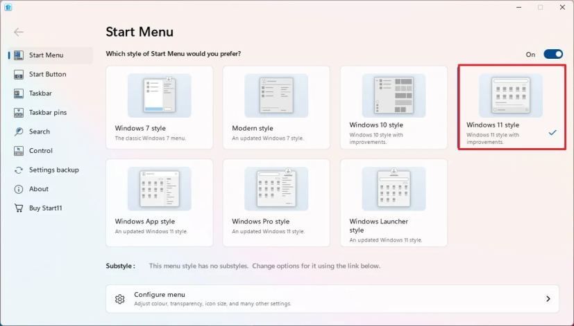 Option de style Windows 11 du menu Démarrer de Start11