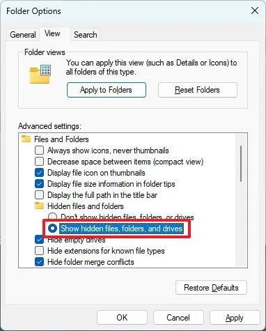 Afficher les fichiers, dossiers et lecteurs cachés sous Windows 11
