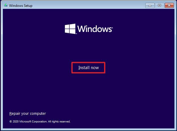 Option d'installation de Windows 10