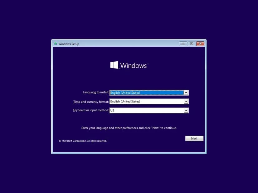 Interface utilisateur d'installation de Windows 10