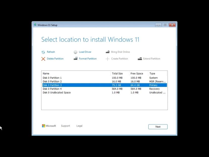 Sélectionnez l'emplacement pour installer Windows 11