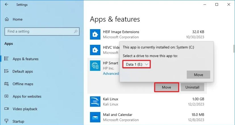 Windows 10 déplace les applications sur un autre lecteur