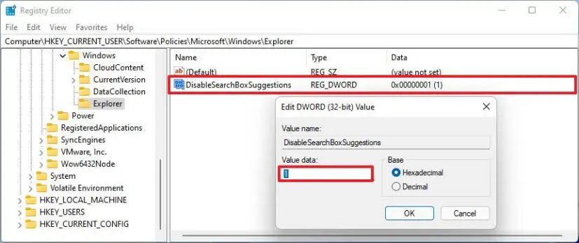 Windows 11 désactive le registre des suggestions de recherche