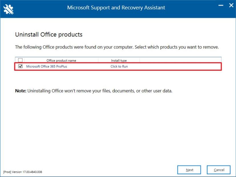 Sélectionnez Microsoft 365 Office pour désinstaller