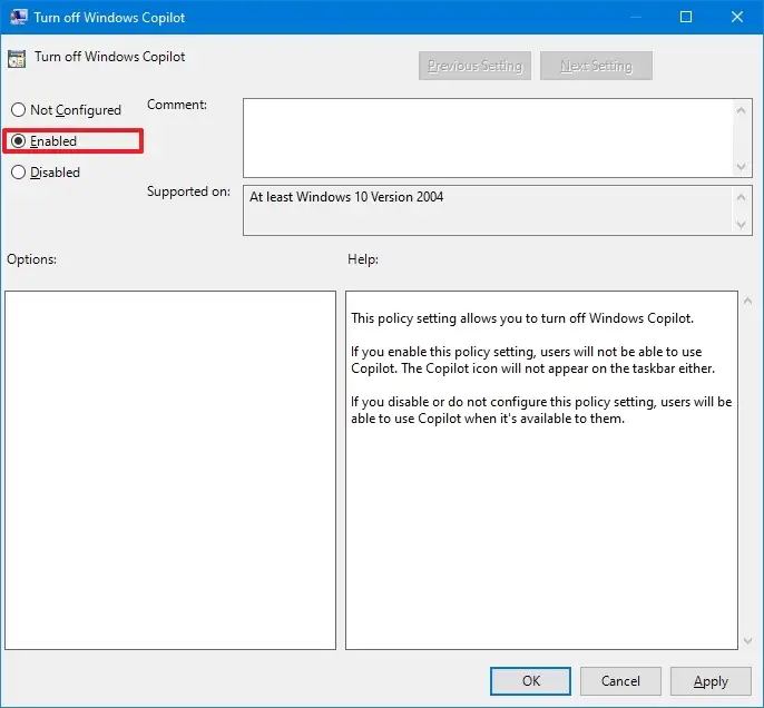 Windows 10 Copilot désactivé via la stratégie de groupe