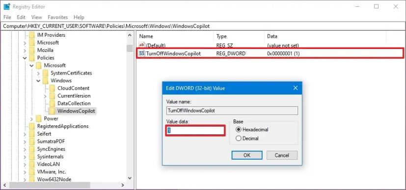 Le registre Windows 10 désactive Copilot