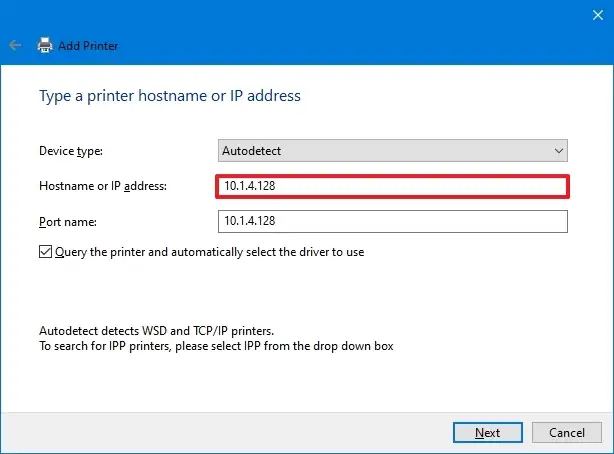 Windows 10 ajoute l'adresse IP de l'imprimante