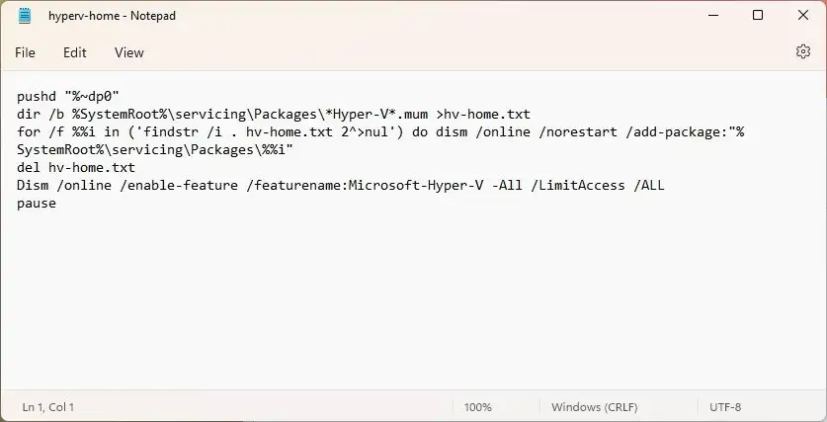 Le script Windows 11 Home installe Hyper-V