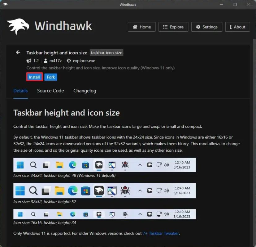 Installation de l'extension de la barre des tâches Windhawk