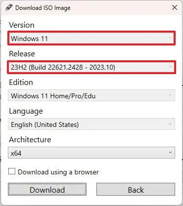 Téléchargement ISO de Rufus Windows 11 23H2