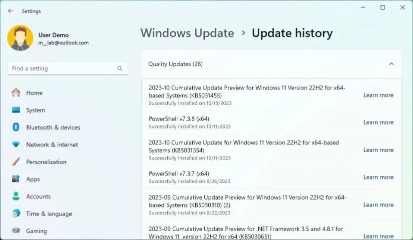 Historique de mise à jour Windows