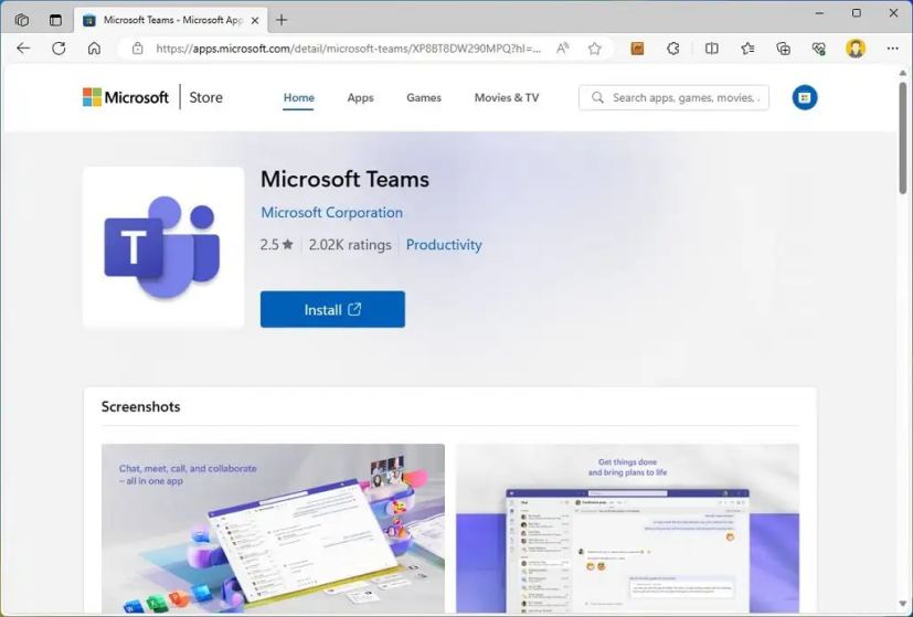 Page de l'application Web du Microsoft Store