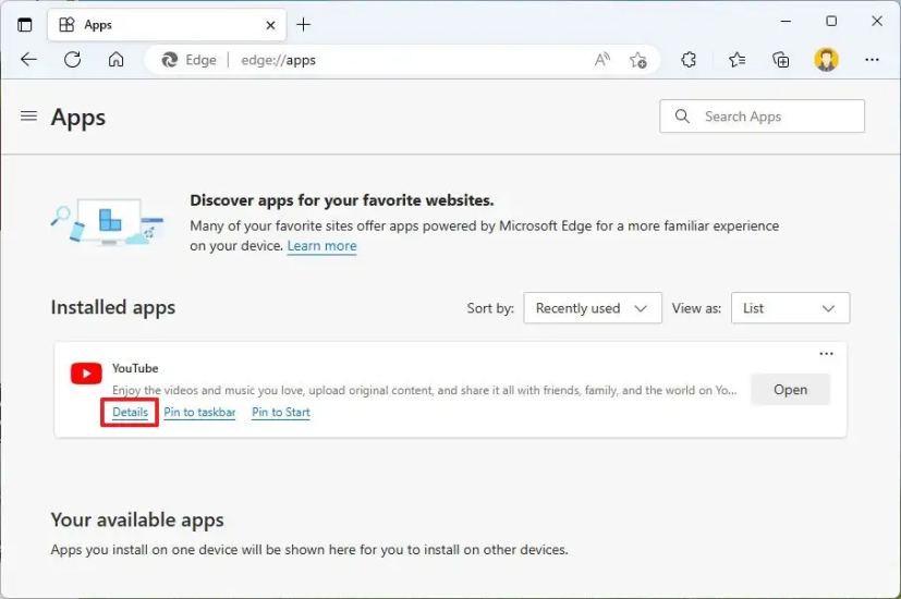 Option de détails de l'application Web