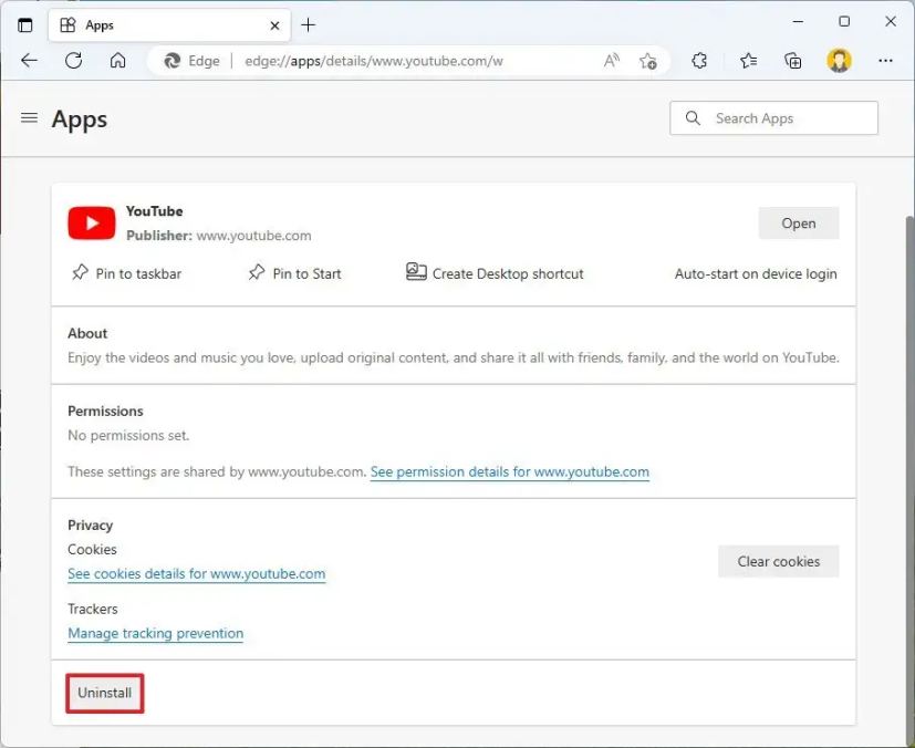 Désinstaller YouTube d'Edge