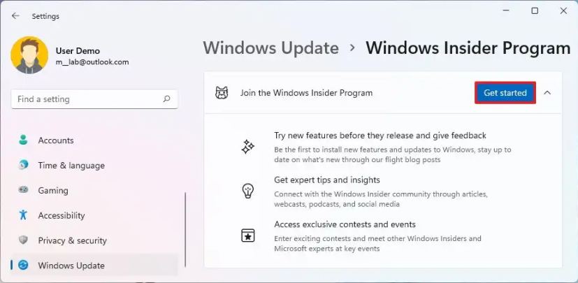 Inscription au démarrage de Windows 11 Insider