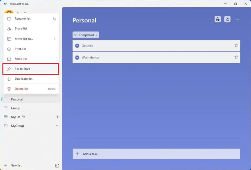 Épingler la liste au menu Démarrer de Microsoft To Do