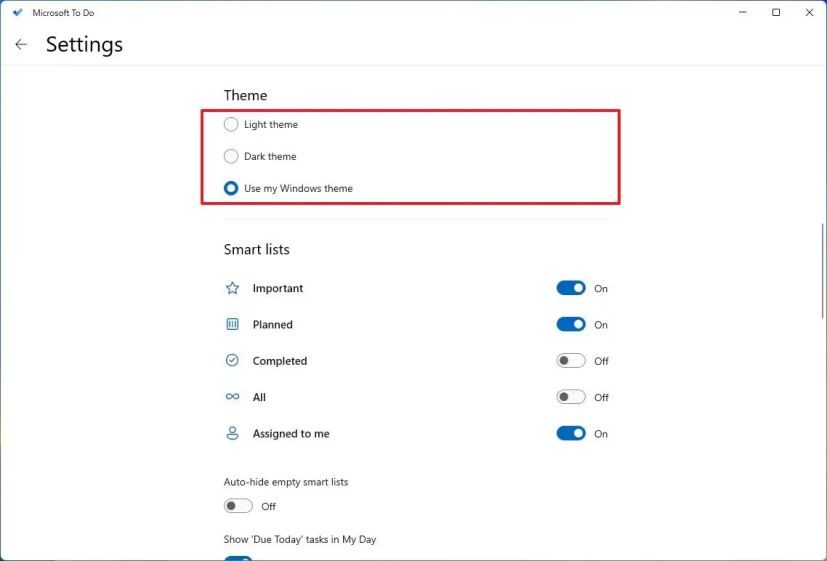 Options des modes clair et sombre de Microsoft To Do