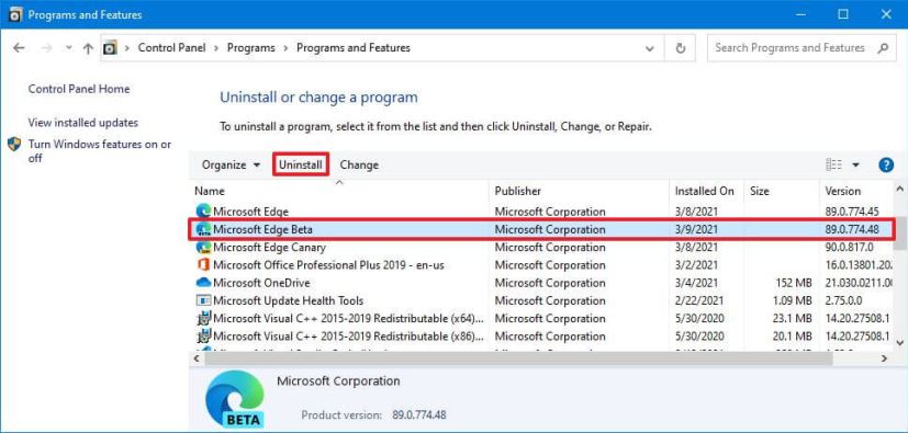 Application de désinstallation du Panneau de configuration Windows 10