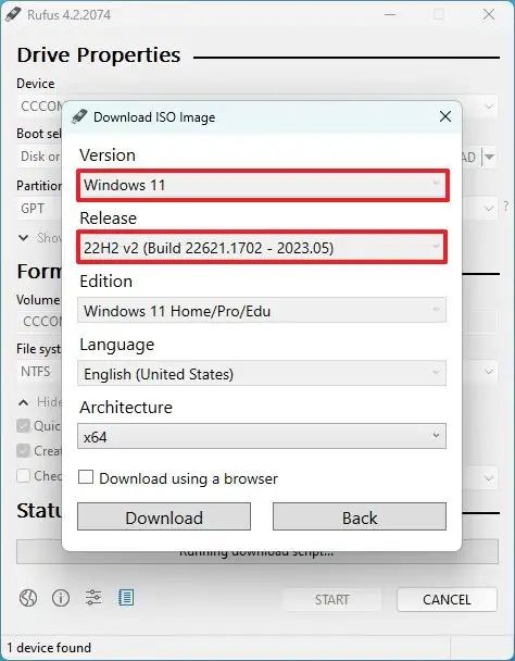 Téléchargement ISO de Rufus Windows 11 22H2