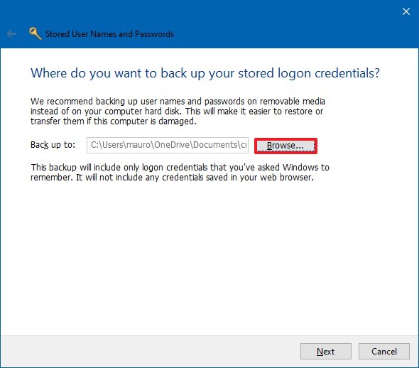 Emplacement de sauvegarde du fichier d'informations d'identification Windows .crd