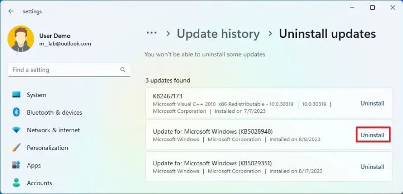 Désinstallation de la mise à jour Windows 11 23H2