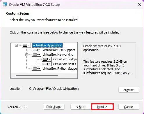 Paramètres d'installation par défaut de VirtualBox
