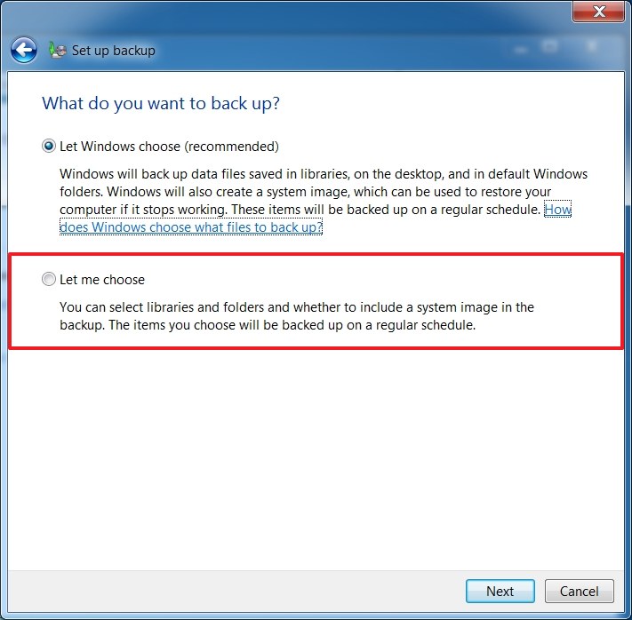 Windows 7 choisit les éléments de sauvegarde