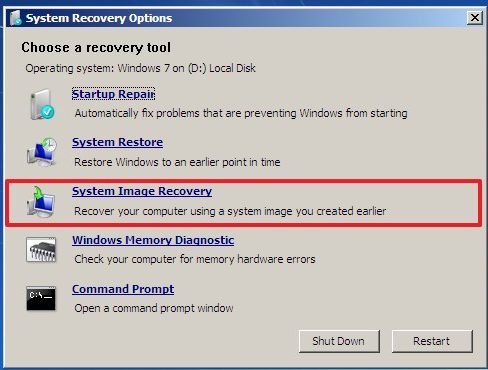 Option de récupération du système Windows 7