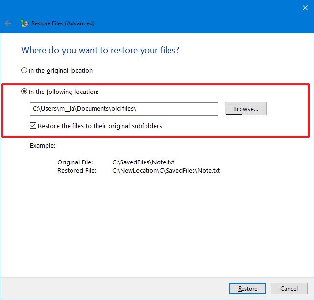 Sélectionnez l'emplacement de restauration sous Windows 10