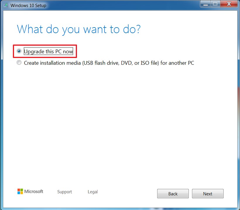 Option de mise à niveau de l'outil de création multimédia de Windows 7 vers WIndows 10