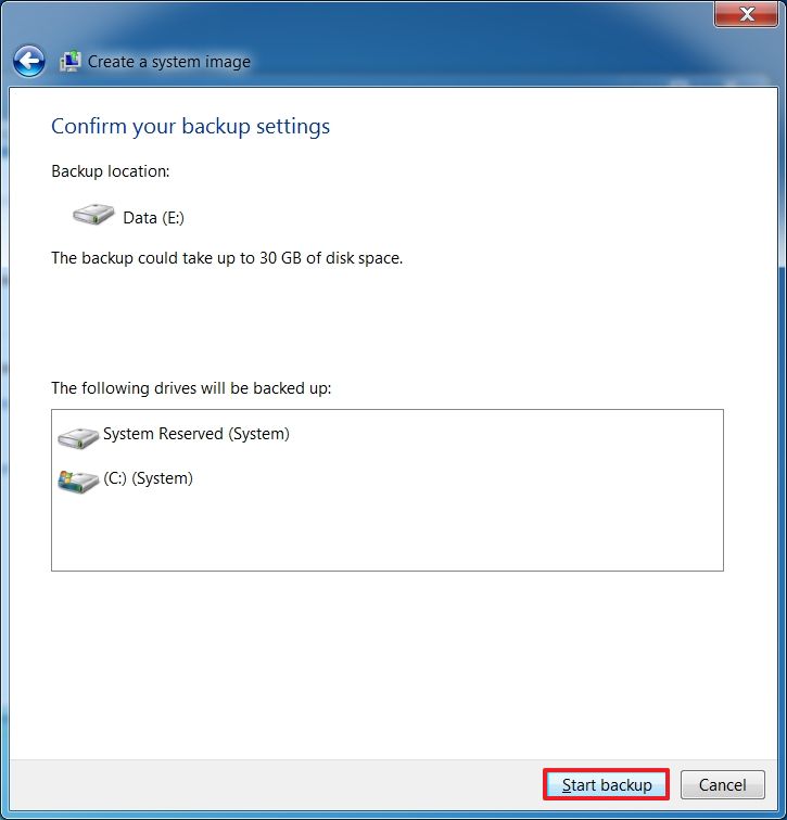 Démarrer la sauvegarde complète de Windows 7