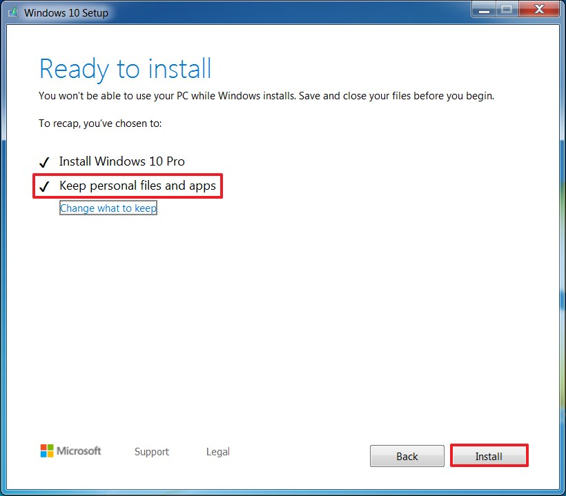 Conserver les fichiers pendant l'option de mise à niveau de Windows 7 vers Windows 10