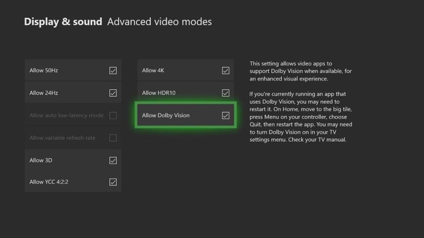 Paramètres Dolby Vision Xbox One