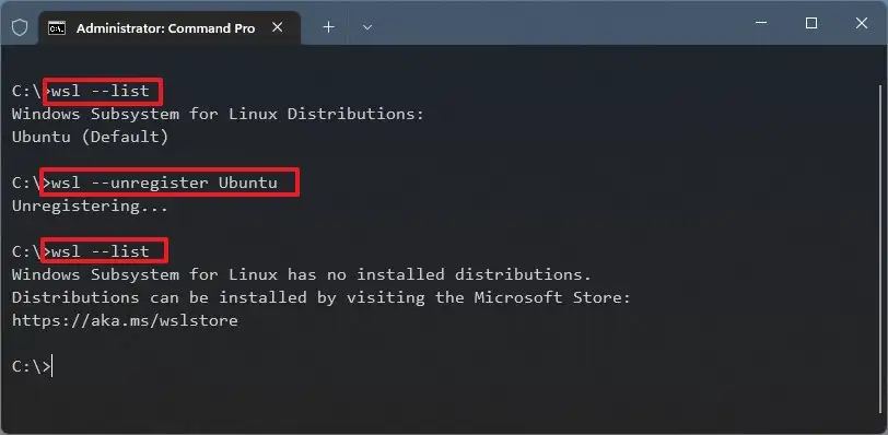 WSL désenregistre la distribution Linux