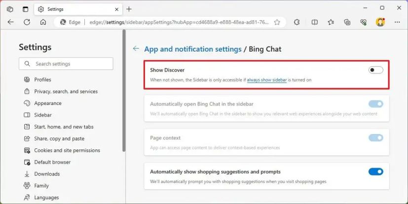 Microsoft Edge désactive Bing Chat