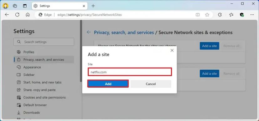 Site d'ajout de Microsoft Edge VPN