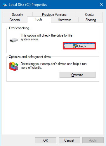 Outil Vérifier le disque sous Windows 10