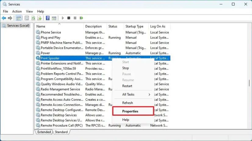 Propriétés du service ouvert Windows 11